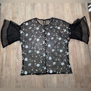 Haute Monde Black Sheer Floral Embroidered Blouse with Ruffled Short Sleeves